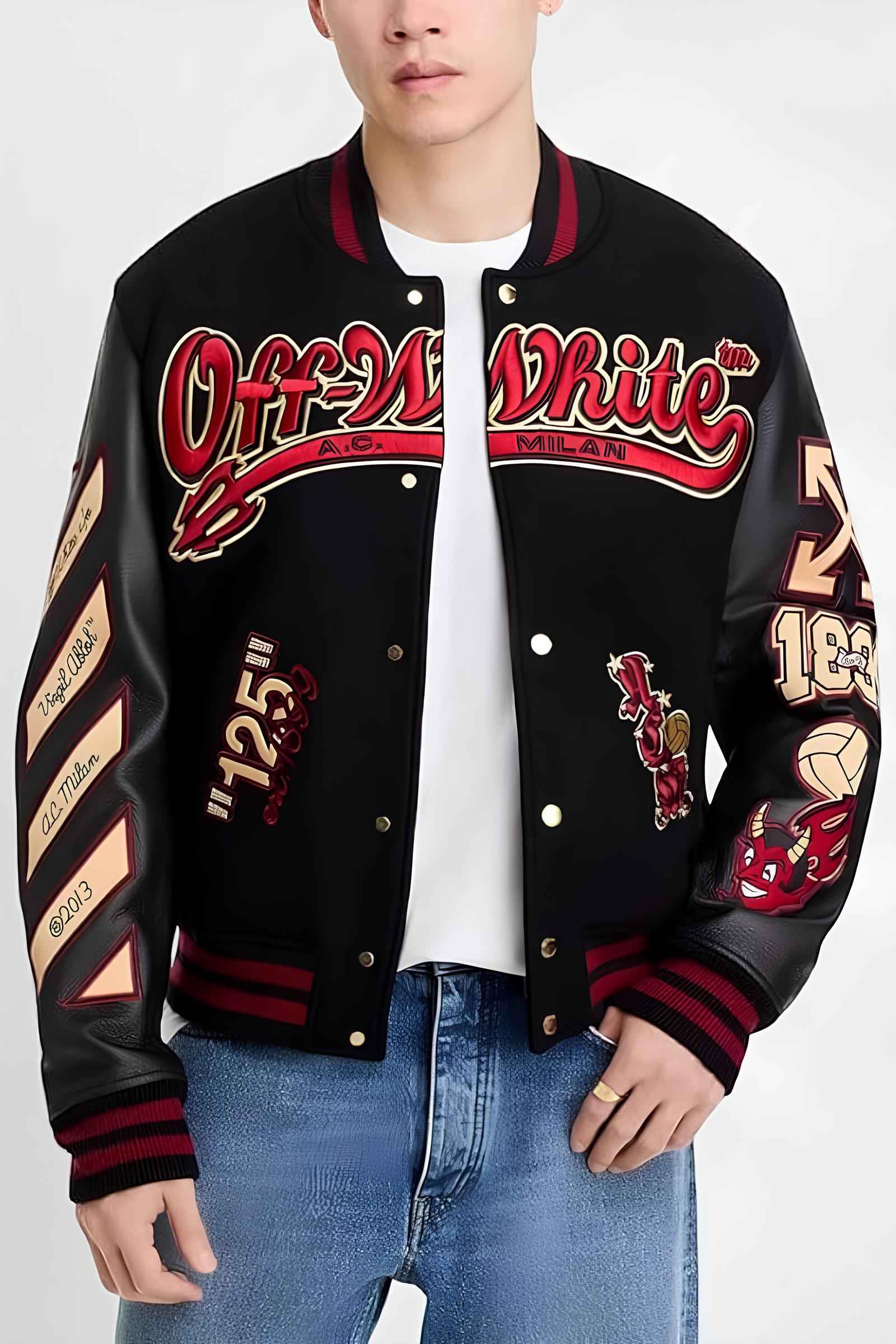 Off-white X A.c. Milan Logo-appliquéd Varsity Jacket