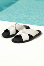 PRĄDA Marble White Crocodile Leather Crisscross Sandals - MAGIC CITY