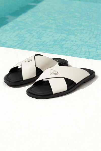PRĄDA Marble White Crocodile Leather Crisscross Sandals