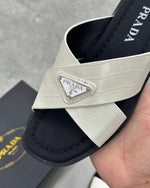 PRĄDA Marble White Crocodile Leather Crisscross Sandals - MAGIC CITY