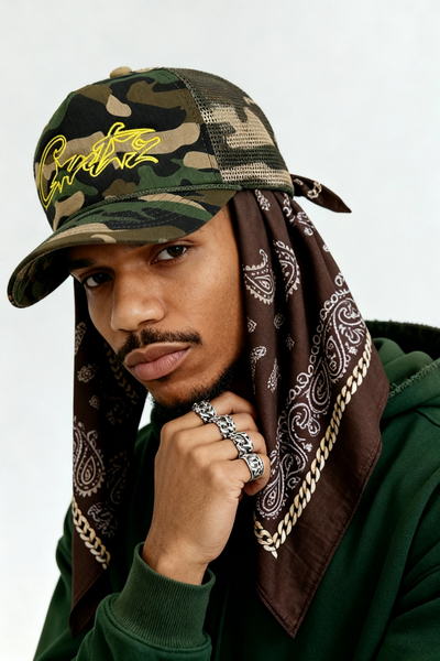 CORTEIZ 5 STARZ Alcatraz Trucker Hat – Camo Yellow