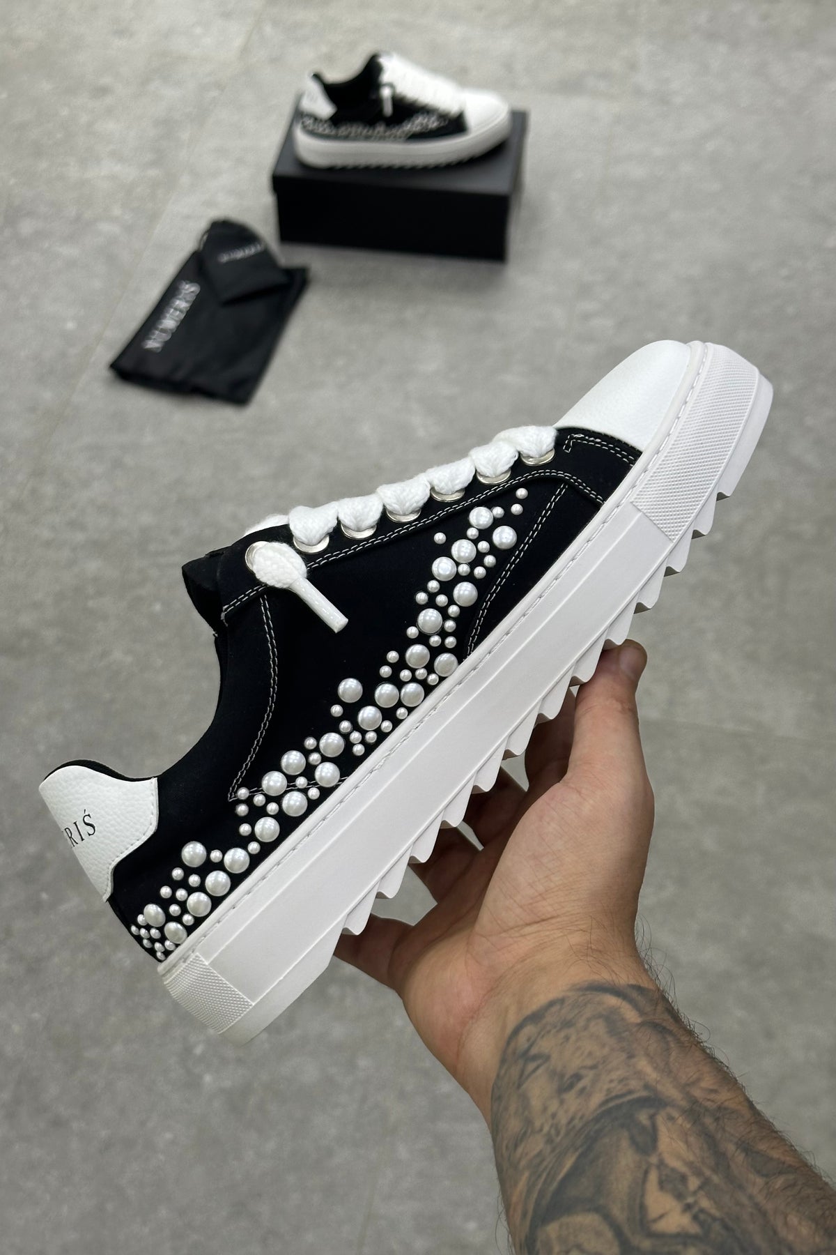 NUMERIS Low-Top Sneakers – Black Pearl Studded