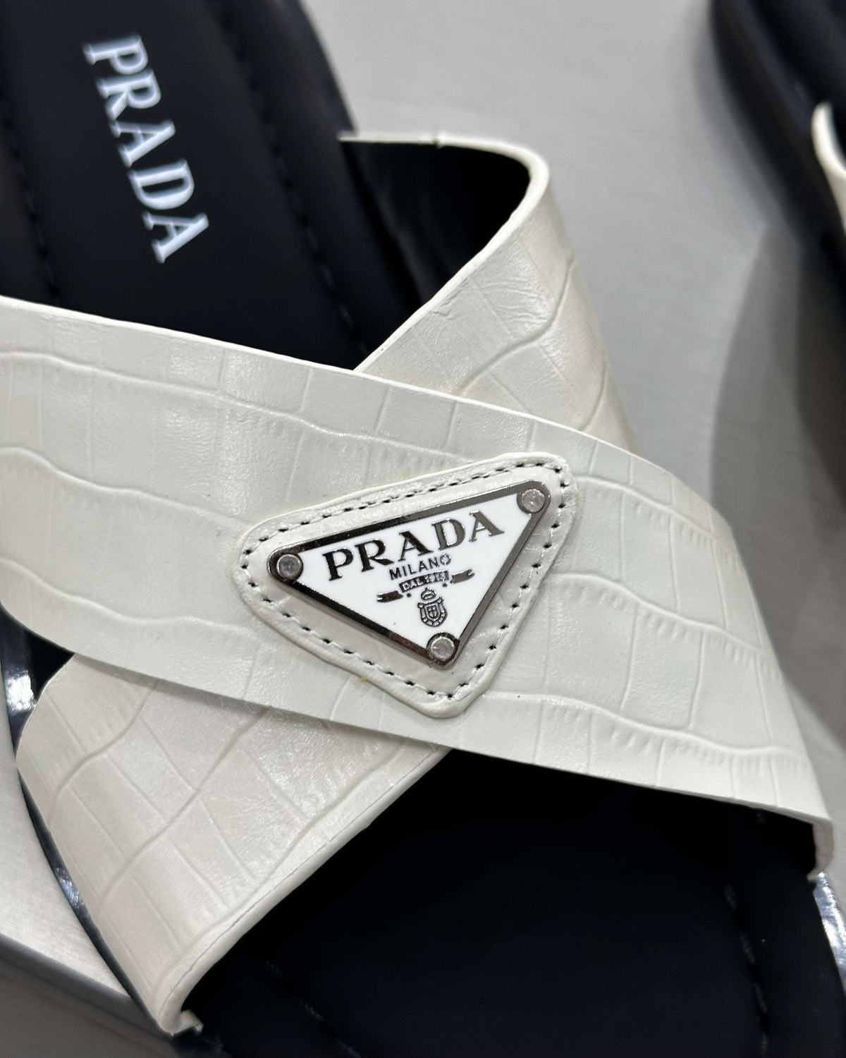 PRĄDA Marble White Crocodile Leather Crisscross Sandals - MAGIC CITY