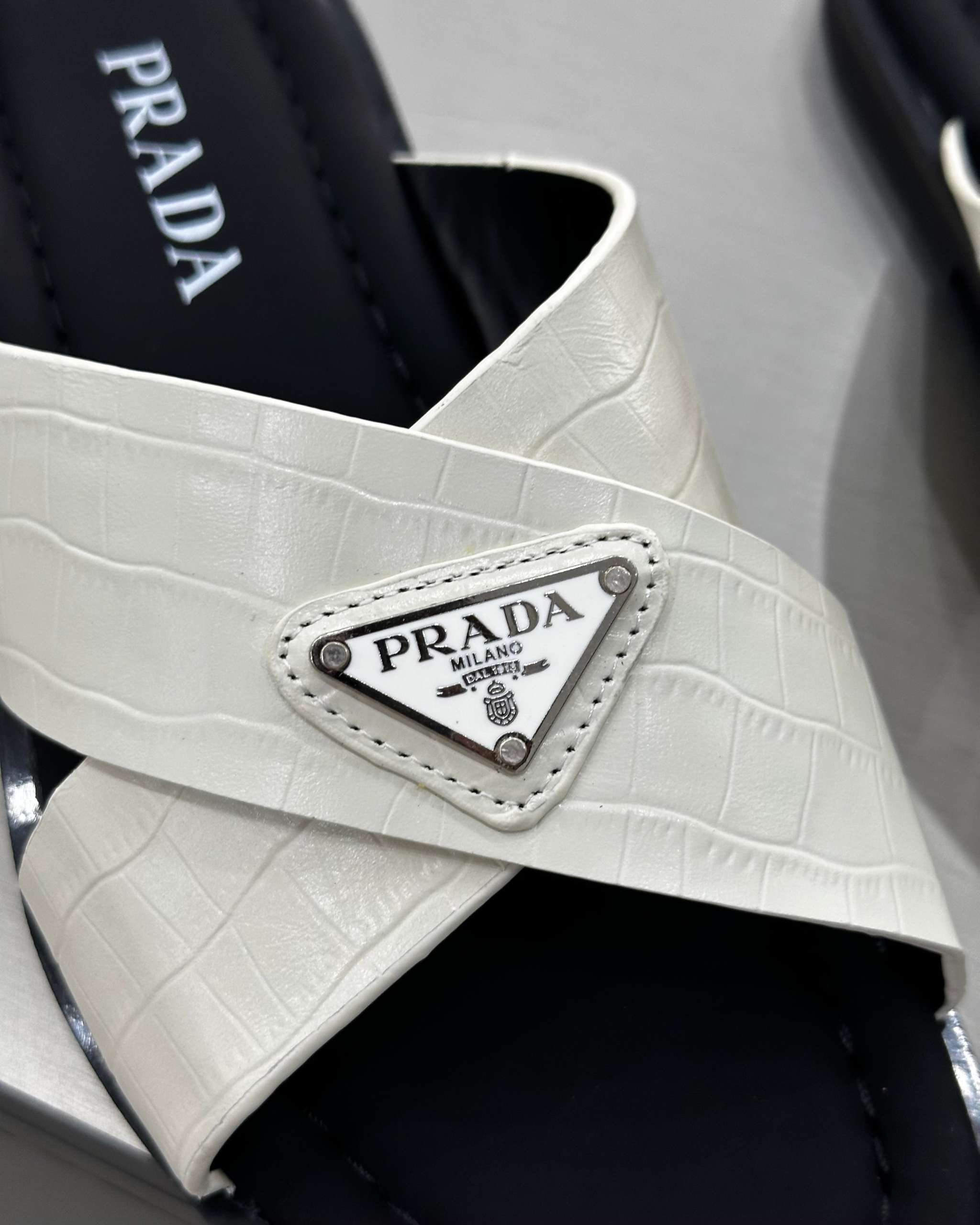 PRĄDA Marble White Crocodile Leather Crisscross Sandals