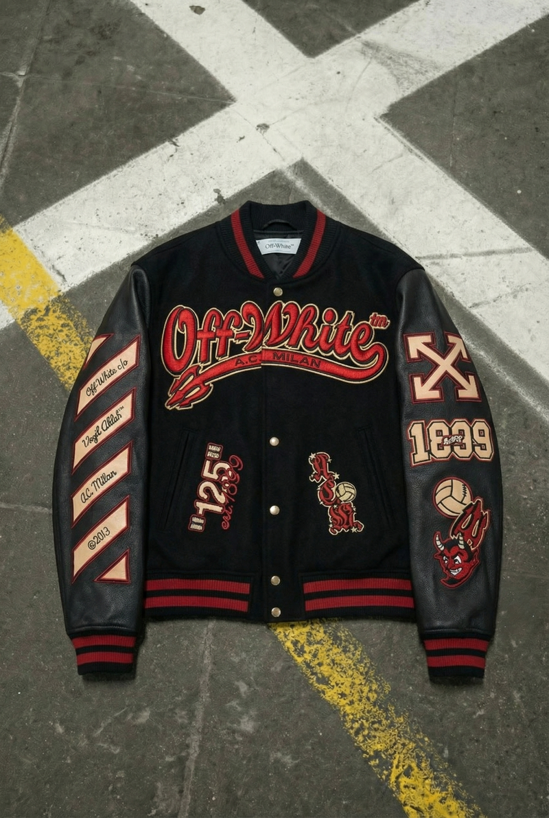 Off-white X A.c. Milan Logo-appliquéd Varsity Jacket