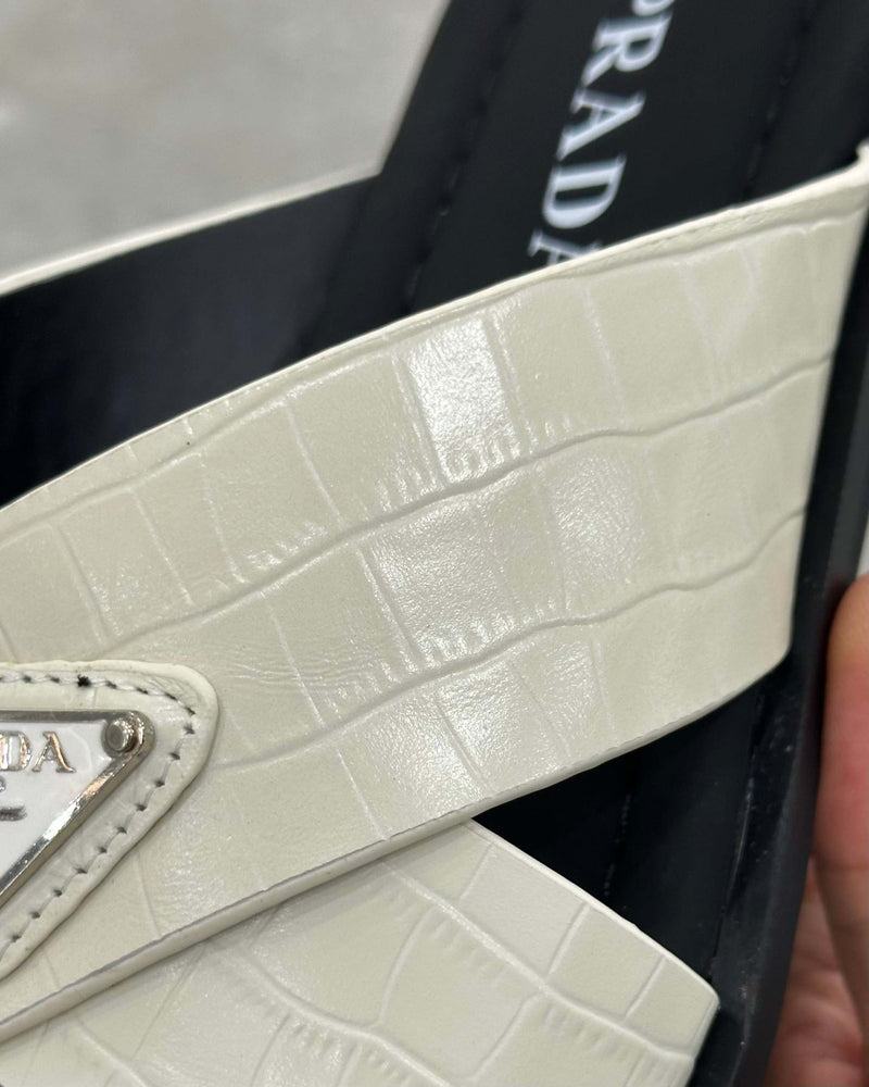 PRĄDA Marble White Crocodile Leather Crisscross Sandals - MAGIC CITY
