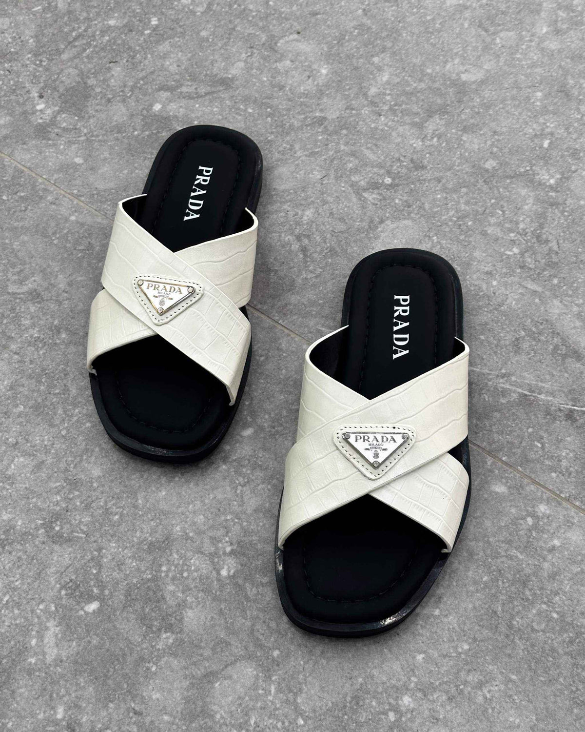 PRĄDA Marble White Crocodile Leather Crisscross Sandals - MAGIC CITY