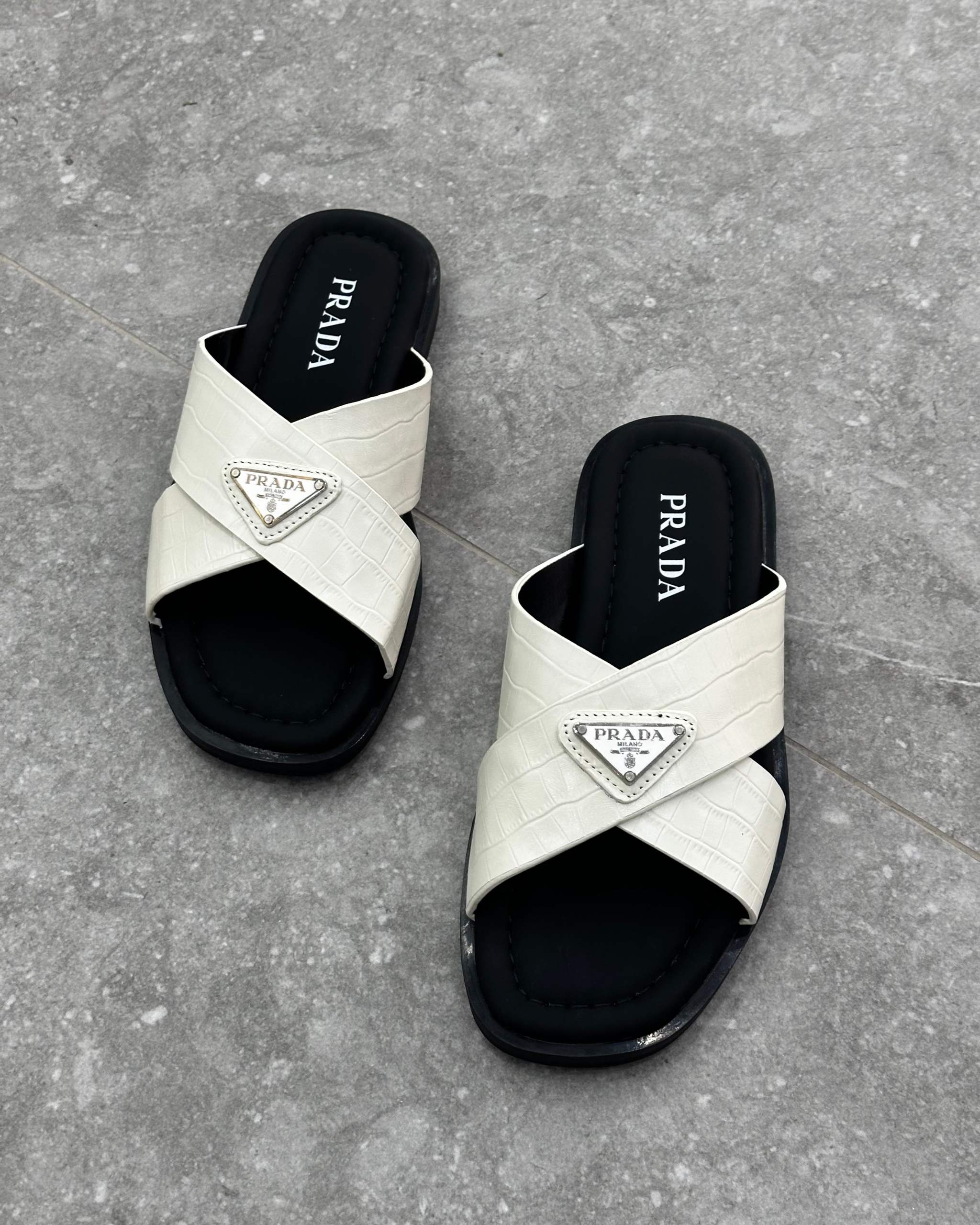 PRĄDA Marble White Crocodile Leather Crisscross Sandals