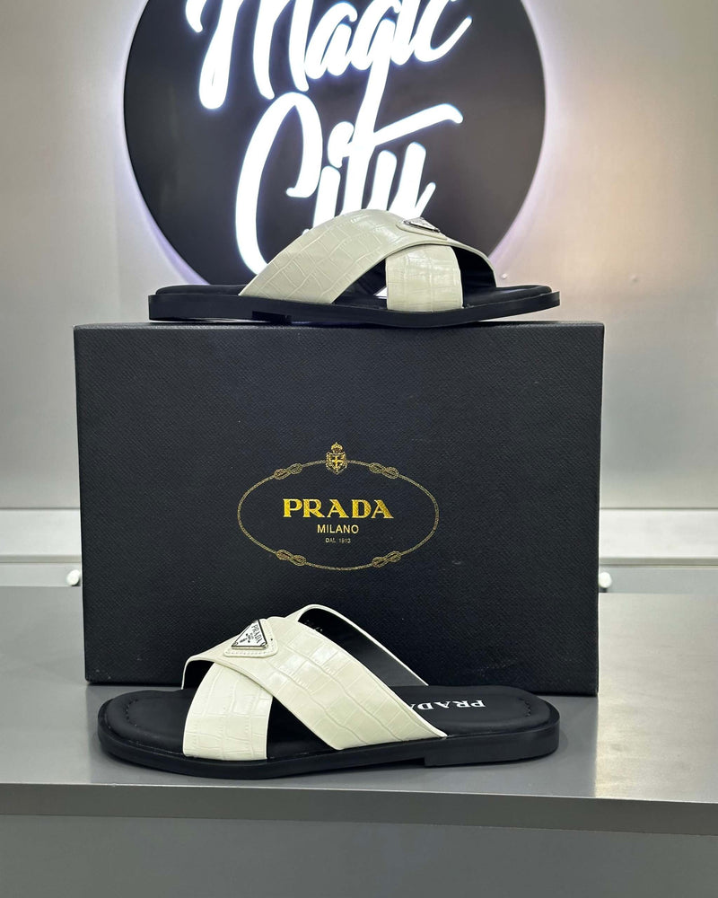 PRĄDA Marble White Crocodile Leather Crisscross Sandals - MAGIC CITY