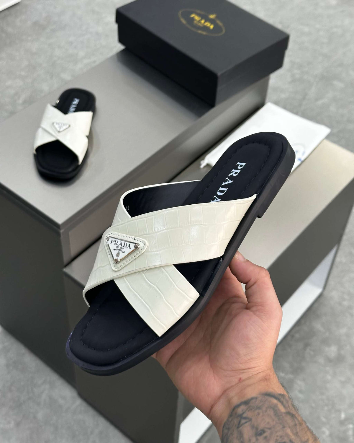 PRĄDA Marble White Crocodile Leather Crisscross Sandals - MAGIC CITY