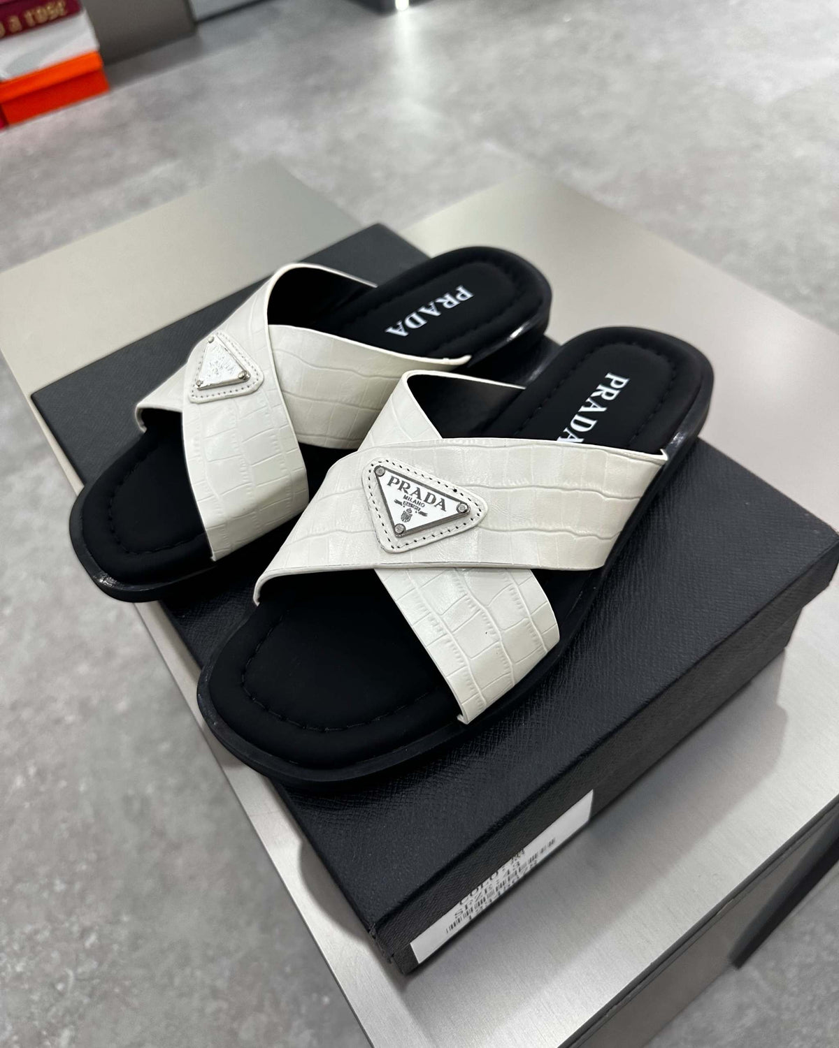 PRĄDA Marble White Crocodile Leather Crisscross Sandals - MAGIC CITY