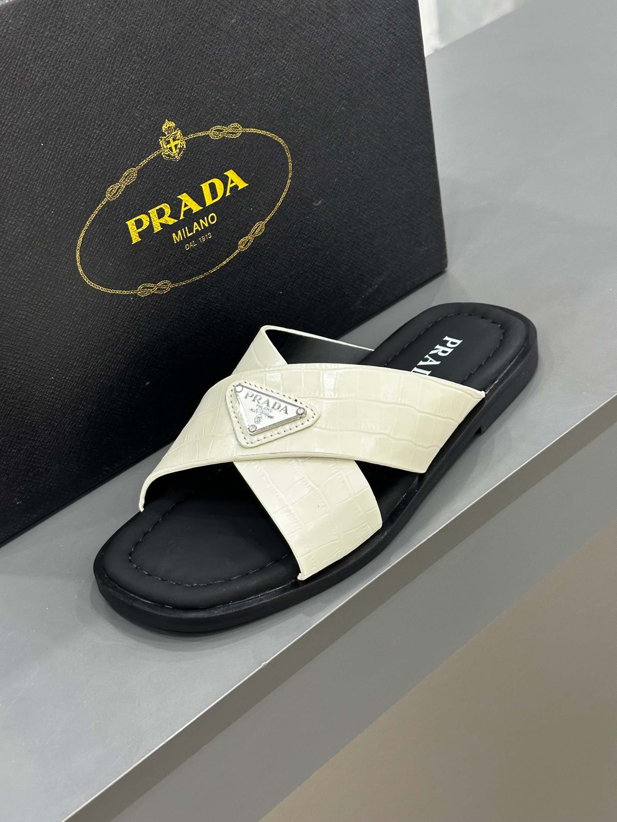 PRĄDA Marble White Crocodile Leather Crisscross Sandals