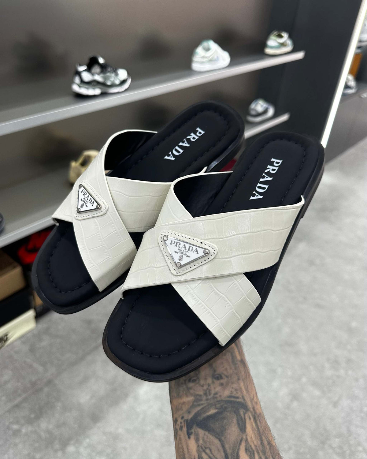 PRĄDA Marble White Crocodile Leather Crisscross Sandals - MAGIC CITY