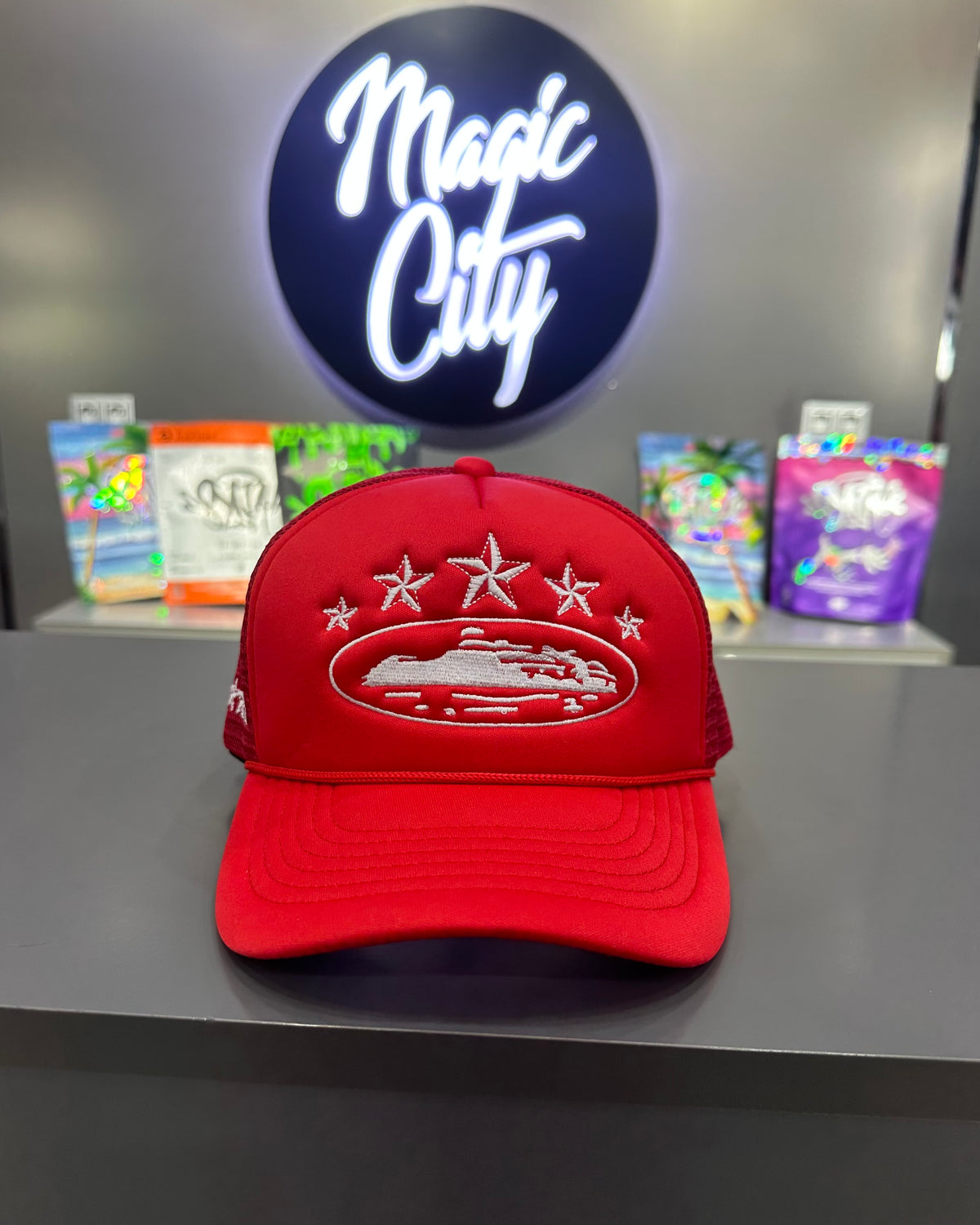 CORTEIZ 5 STARZ Alcatraz Trucker Hat – Red - MAGIC CITY