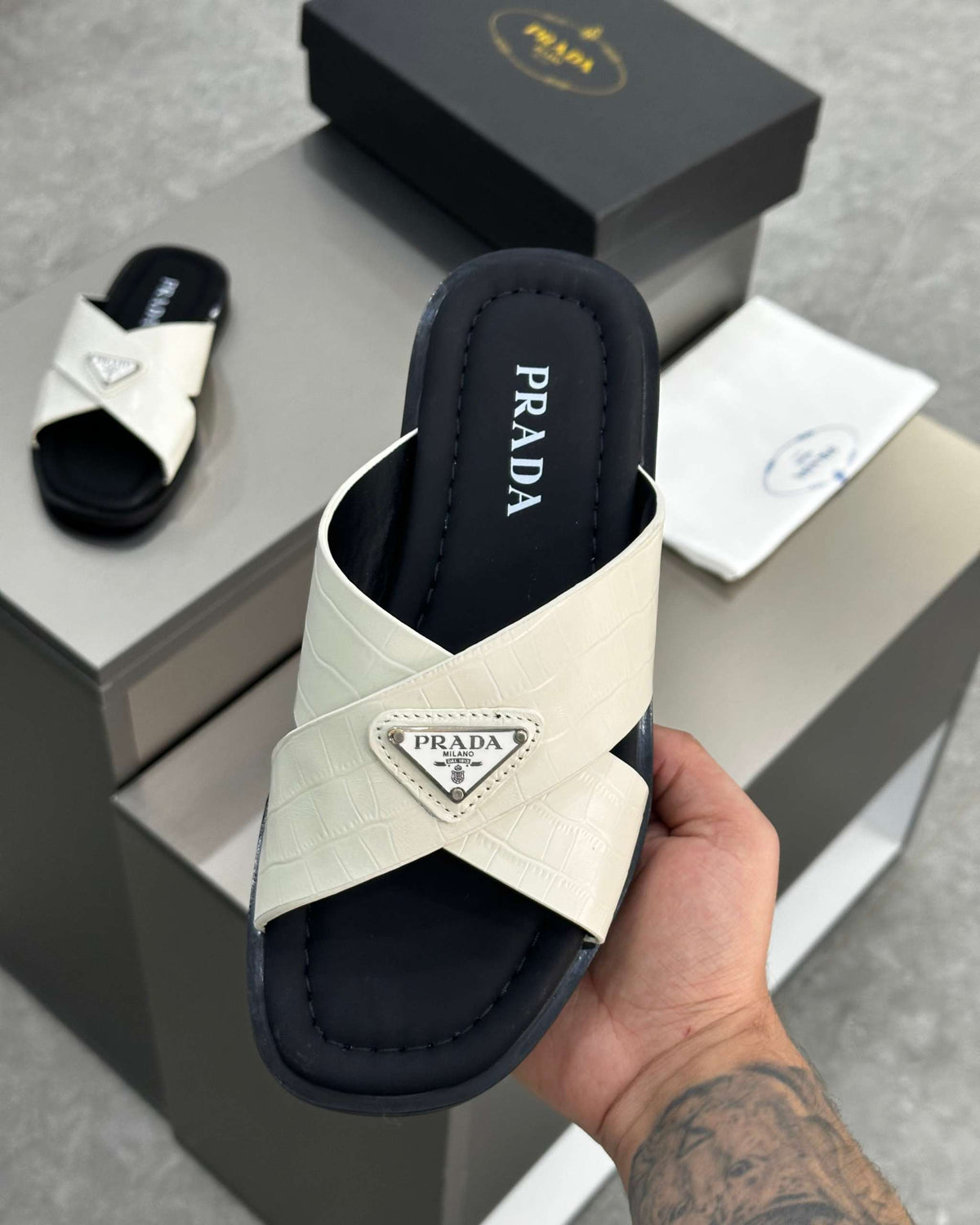 PRĄDA Marble White Crocodile Leather Crisscross Sandals - MAGIC CITY