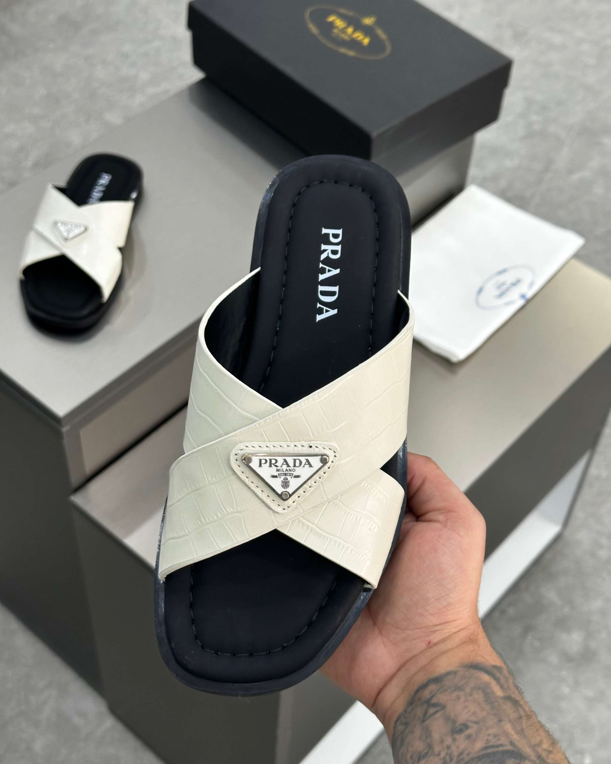 PRĄDA Marble White Crocodile Leather Crisscross Sandals