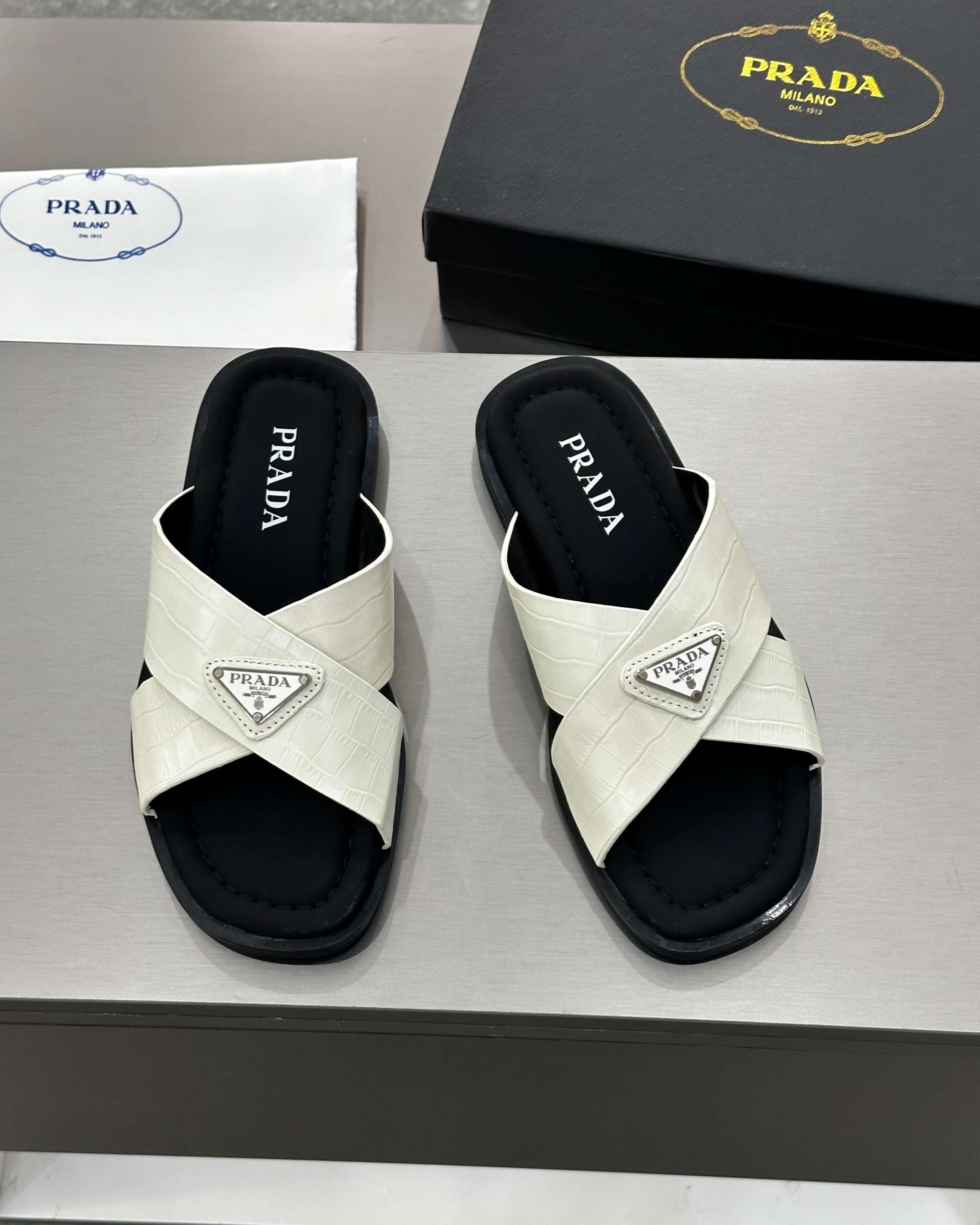 PRĄDA Marble White Crocodile Leather Crisscross Sandals