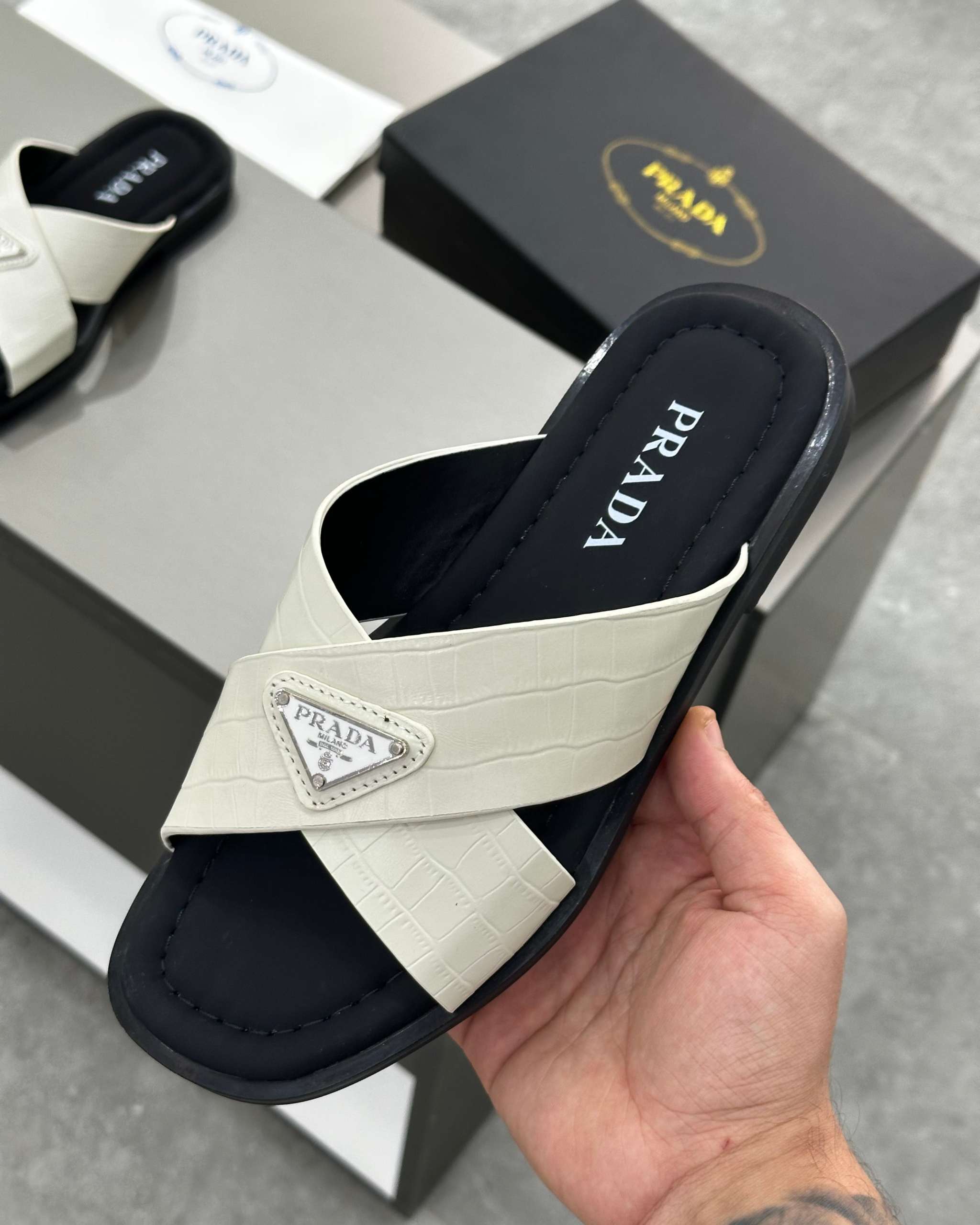 PRĄDA Marble White Crocodile Leather Crisscross Sandals