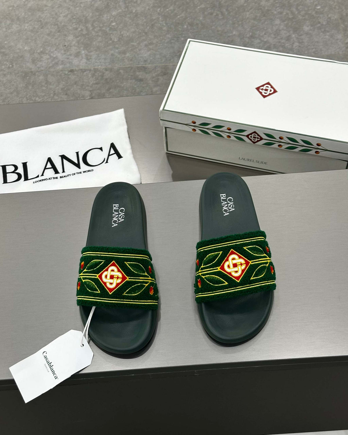 Casablanca Paris Embroidered terry slide Green - MAGIC CITY