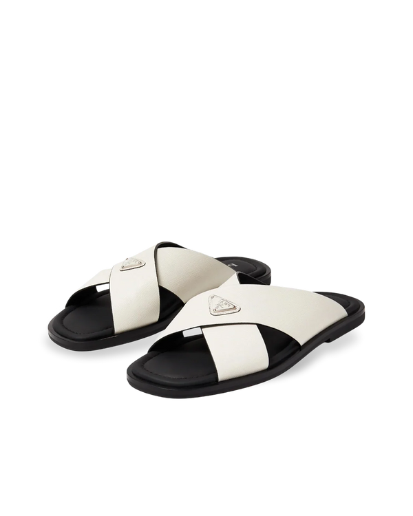 PRĄDA Marble White Crocodile Leather Crisscross Sandals