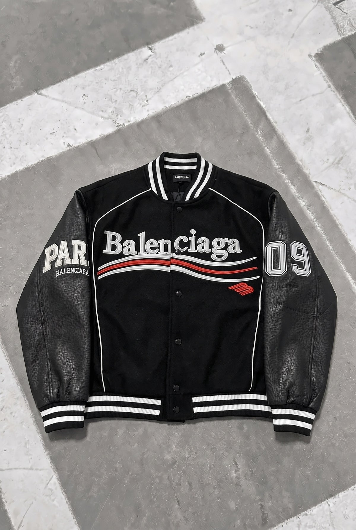 BALENCIAGA Political Campaign Varsity Jacket in Wool and Leather – Black – front