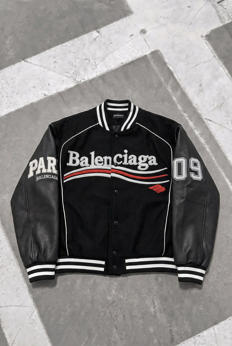 BALENCIAGA Political Campaign Varsity Jacket in Wool and Leather – Black – front