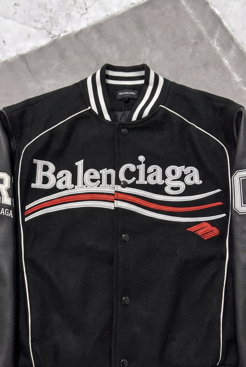 BALENCIAGA Political Campaign Varsity Jacket in Wool and Leather – Black – chest logo close-up