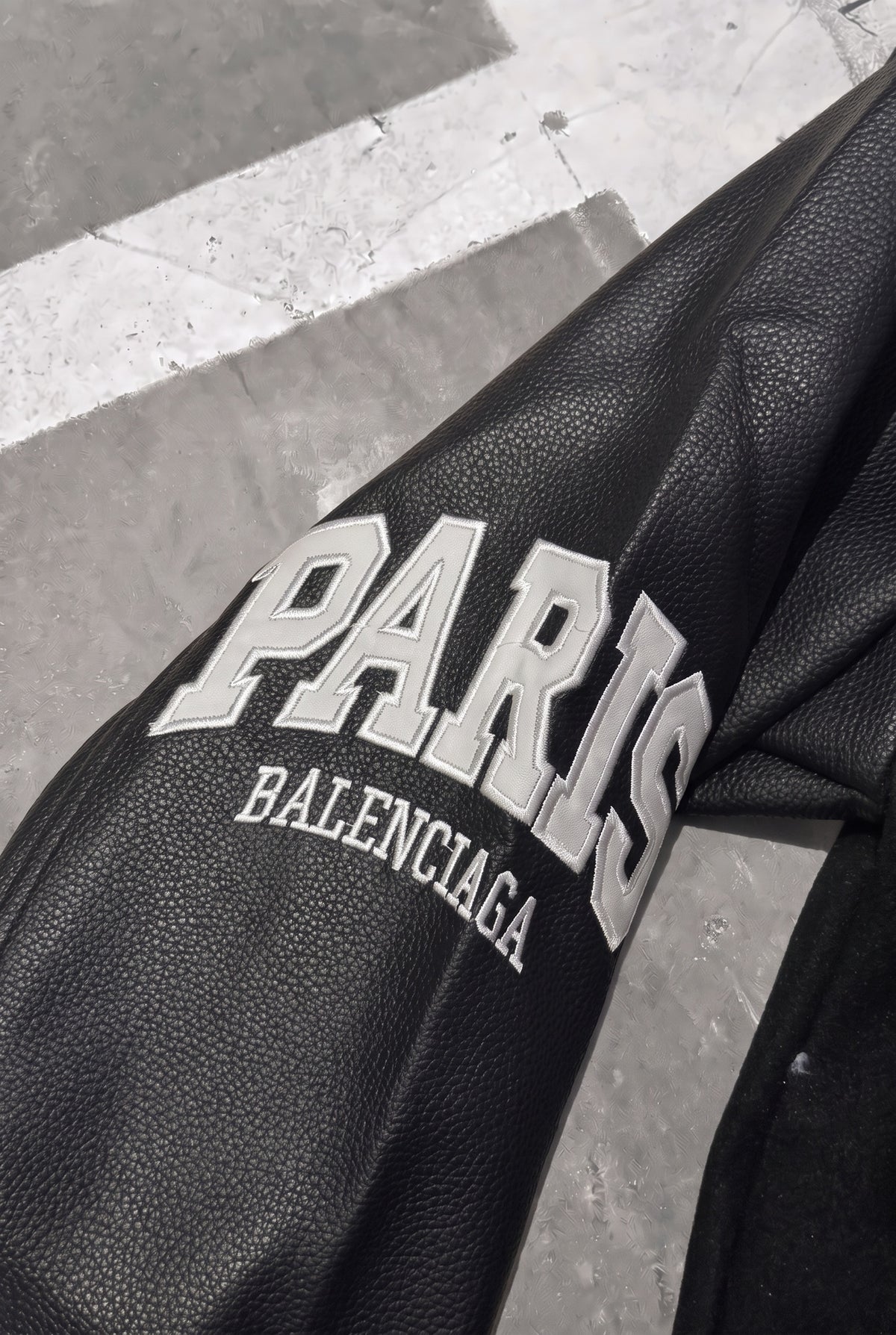 BALENCIAGA Political Campaign Varsity Jacket in Wool and Leather – Black – PARIS sleeve patch