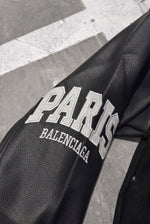 BALENCIAGA Political Campaign Varsity Jacket in Wool and Leather – Black – PARIS sleeve patch