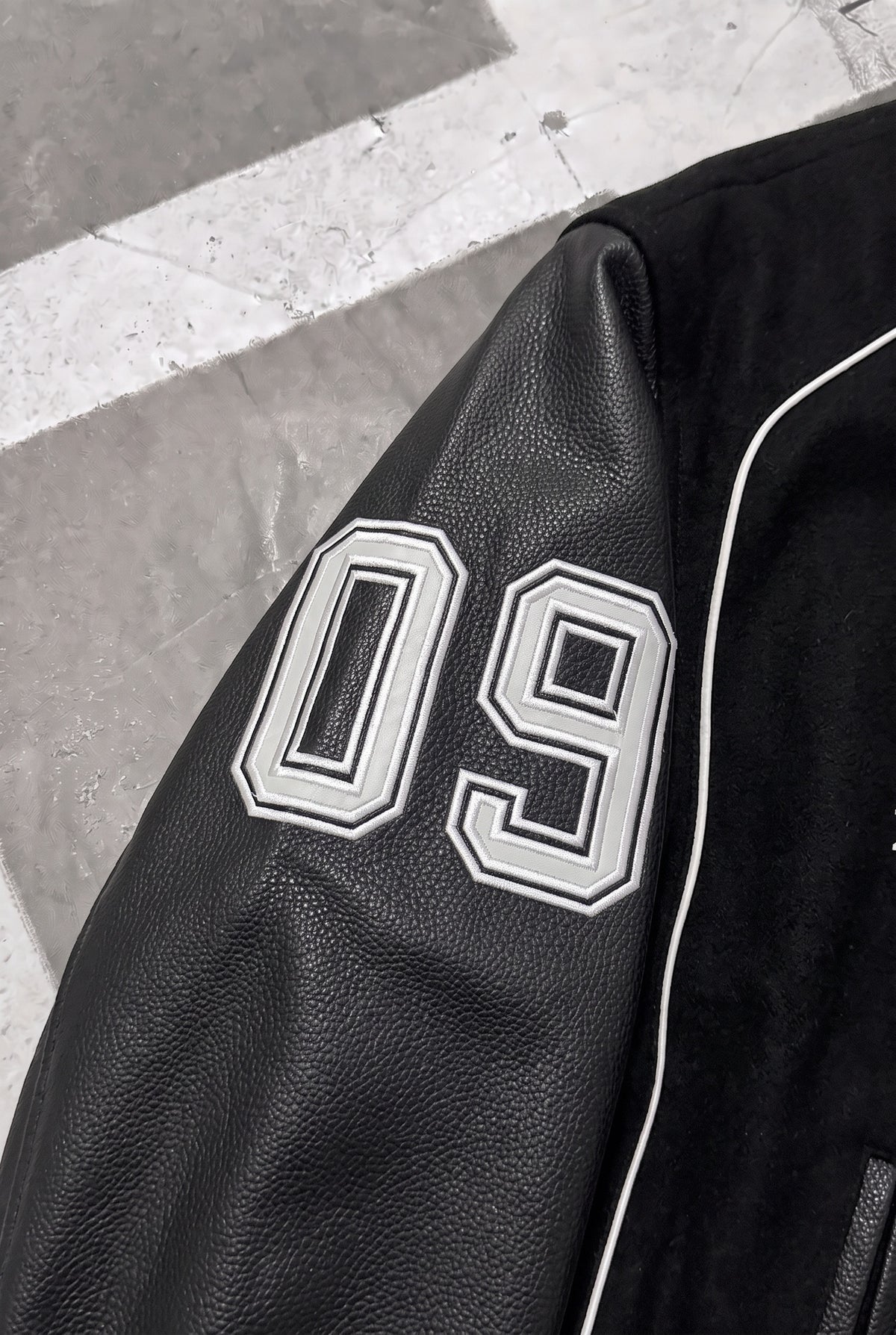 BALENCIAGA Political Campaign Varsity Jacket in Wool and Leather – Black – 09 sleeve patch