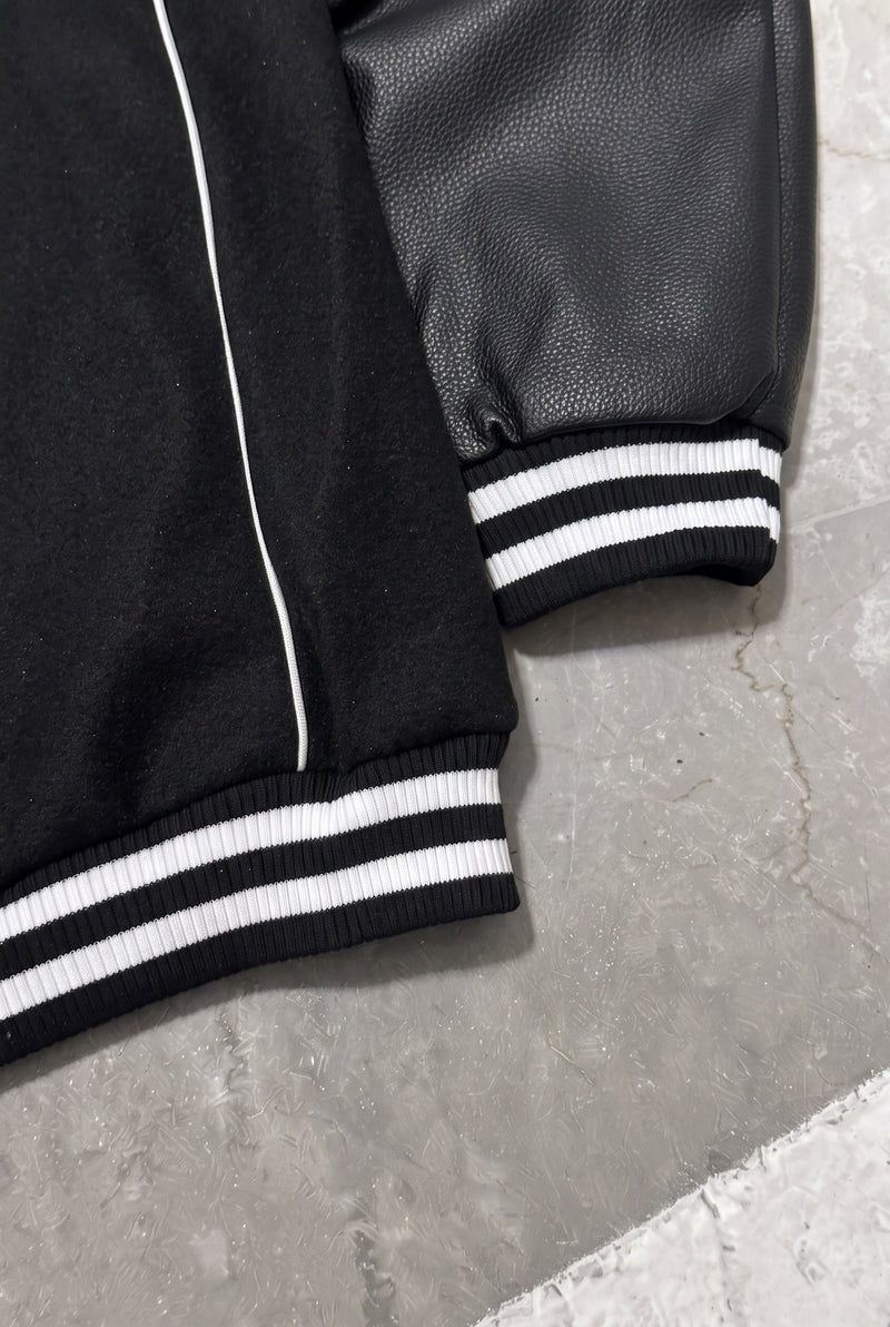 BALENCIAGA Political Campaign Varsity Jacket in Wool and Leather – Black – striped cuff and hem