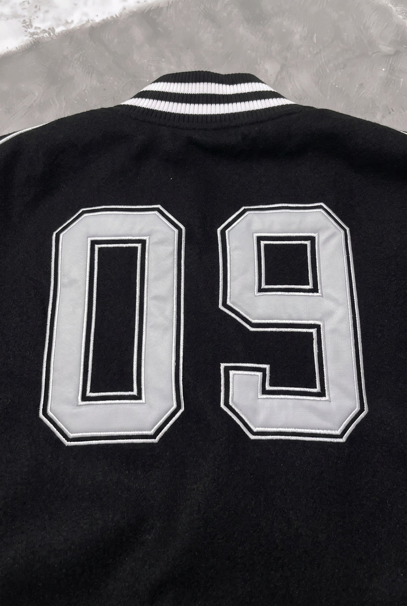 BALENCIAGA Political Campaign Varsity Jacket in Wool and Leather – Black – back 09 close-up