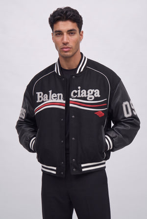 BALENCIAGA Political Campaign Varsity Jacket in Wool and Leather – Black