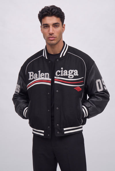 BALENCIAGA Political Campaign Varsity Jacket in Wool and Leather – Black