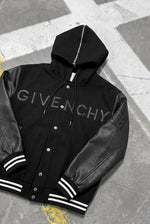 GIVENCHY Hooded Varsity Jacket in Wool and Leather – Black – front angle