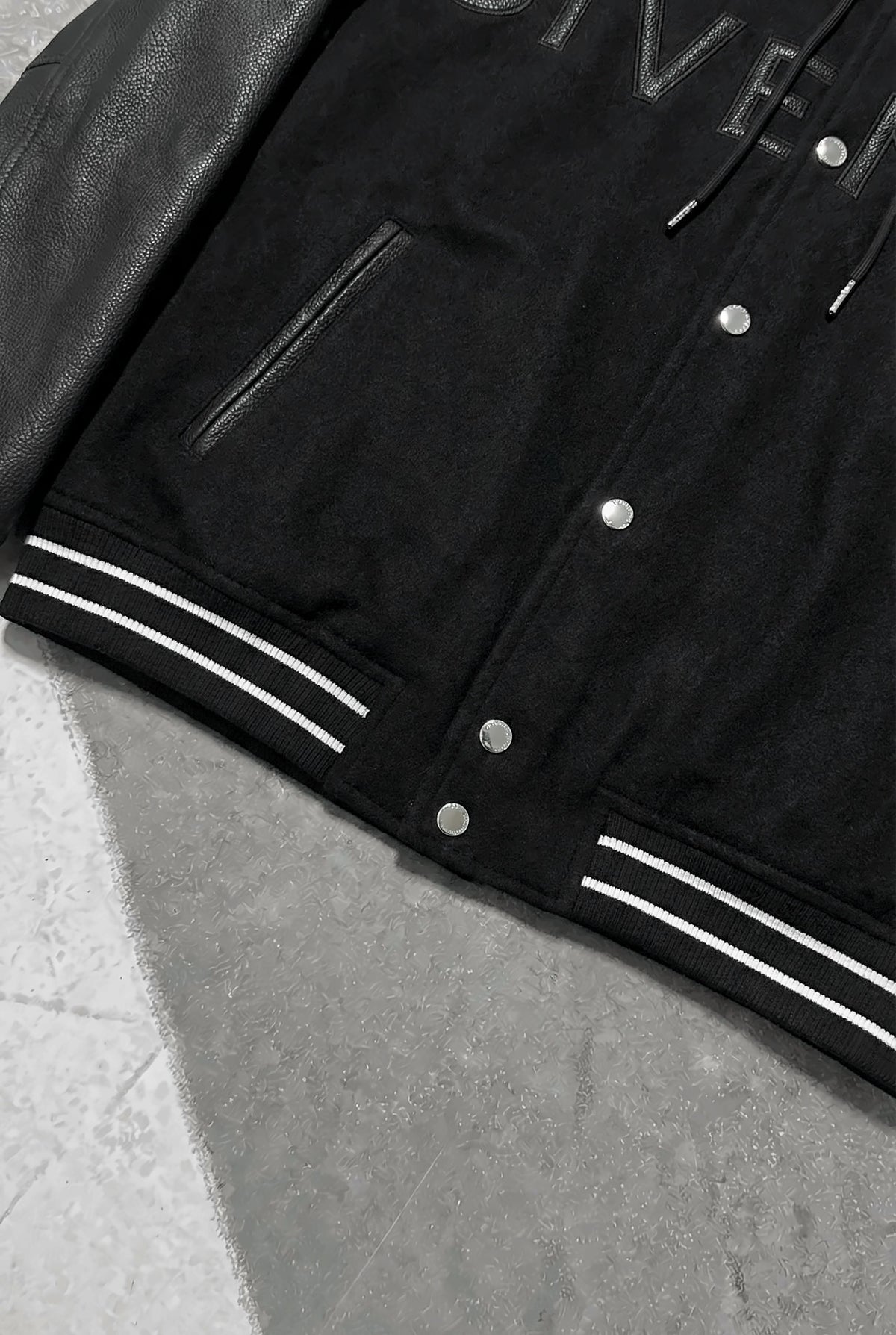 GIVENCHY Hooded Varsity Jacket in Wool and Leather – Black – pocket and striped rib hem