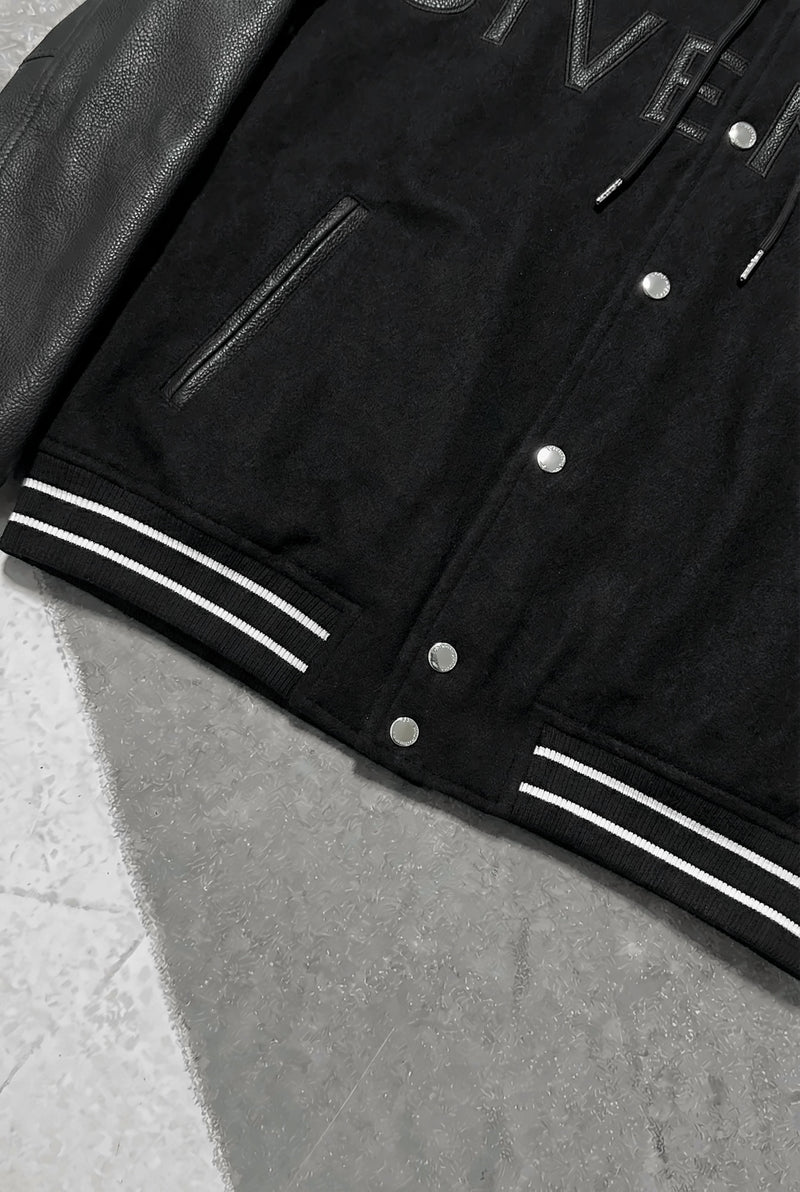GIVENCHY Hooded Varsity Jacket in Wool and Leather – Black – pocket and striped rib hem