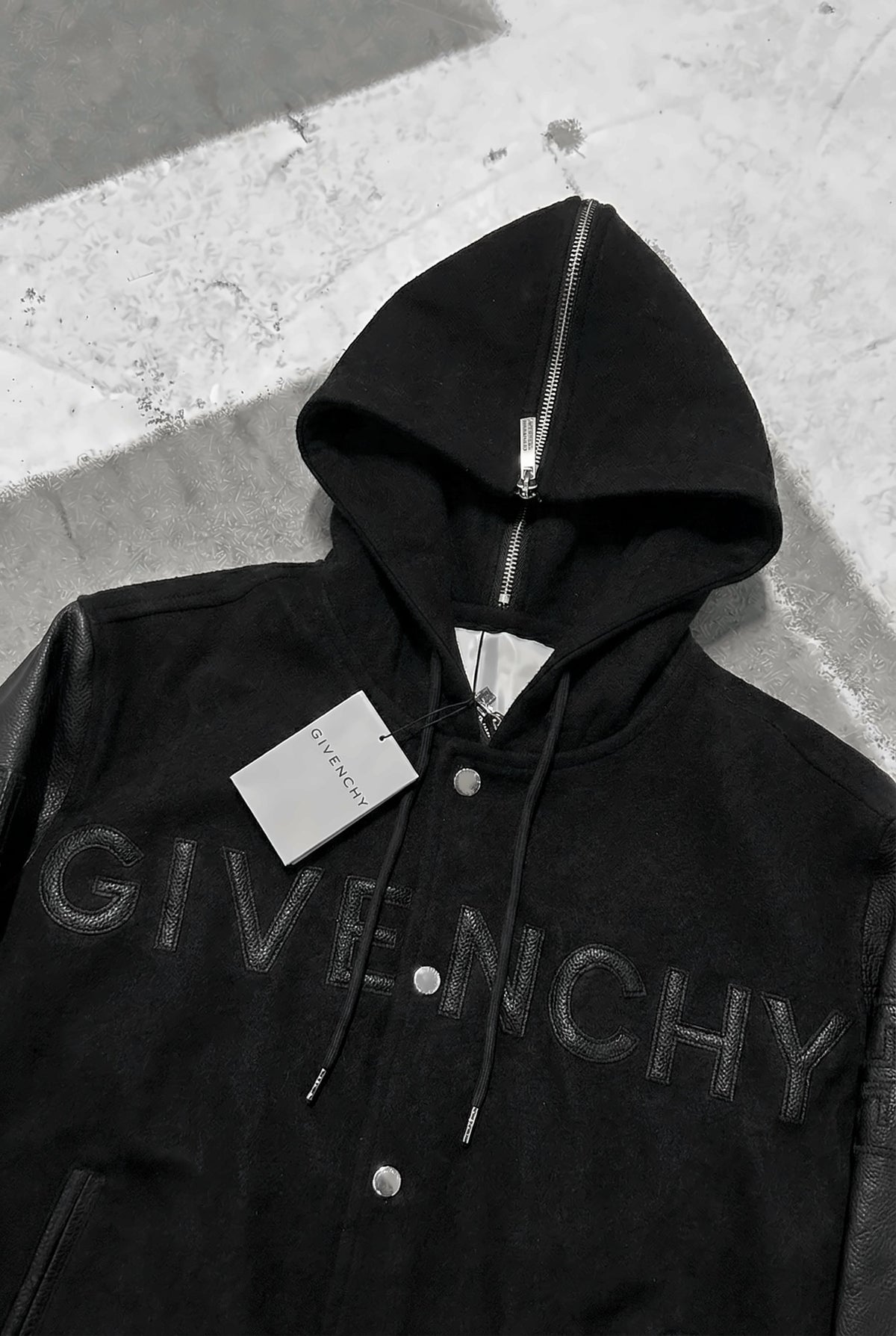 GIVENCHY Hooded Varsity Jacket in Wool and Leather – Black – hood zip and logo detail
