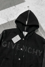 GIVENCHY Hooded Varsity Jacket in Wool and Leather – Black – hood zip and logo detail