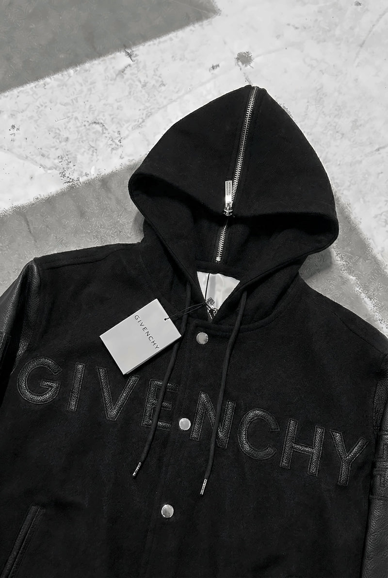 GIVENCHY Hooded Varsity Jacket in Wool and Leather – Black – hood zip and logo detail