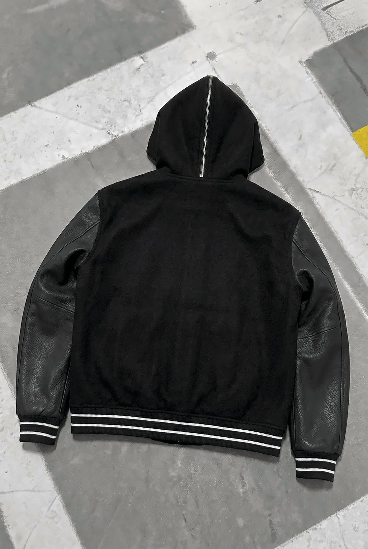 GIVENCHY Hooded Varsity Jacket in Wool and Leather – Black – back with hood