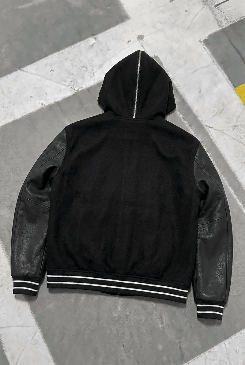GIVENCHY Hooded Varsity Jacket in Wool and Leather – Black – back with hood