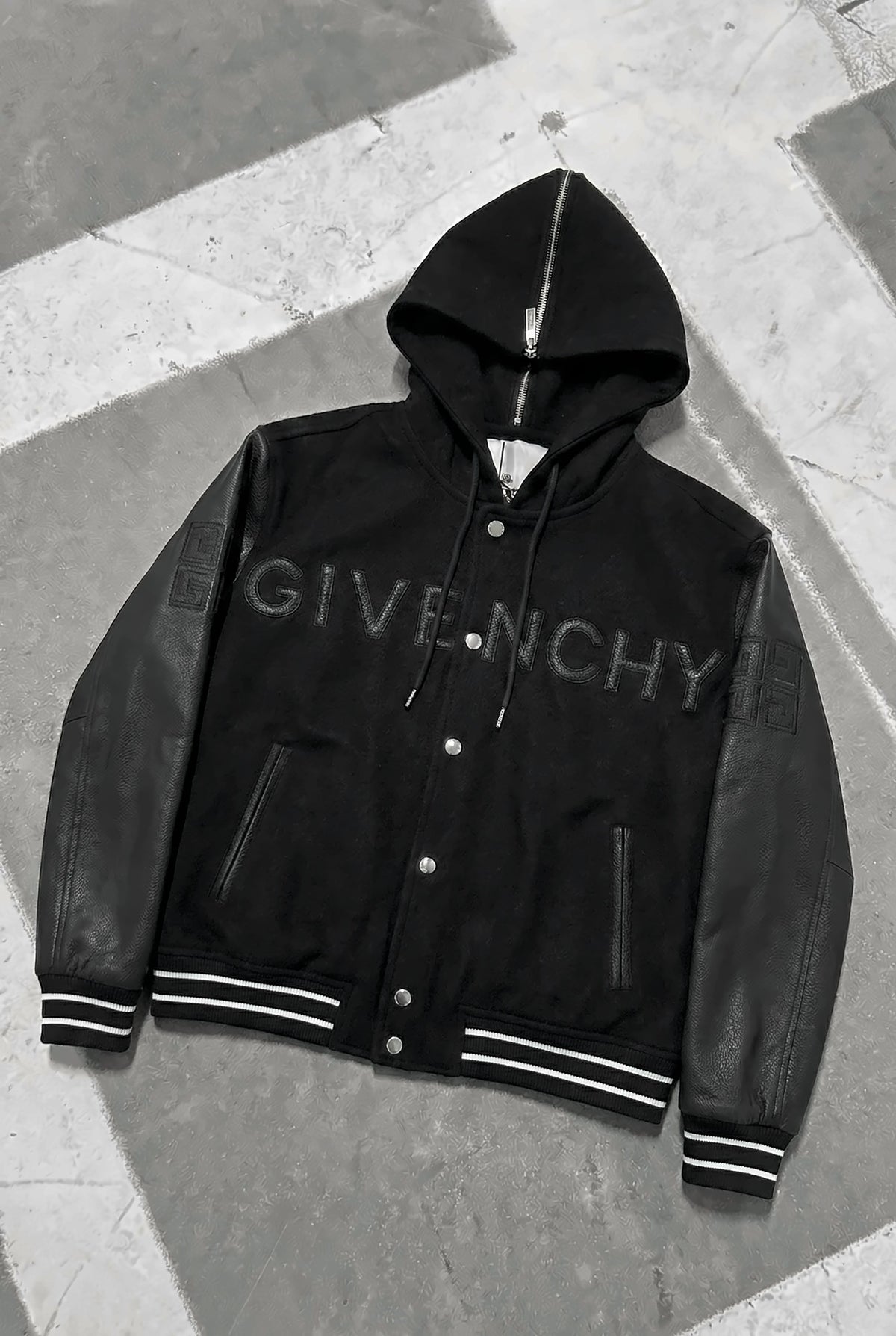 GIVENCHY Hooded Varsity Jacket in Wool and Leather – Black – front