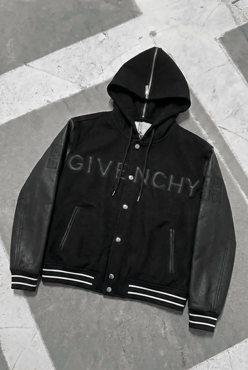 GIVENCHY Hooded Varsity Jacket in Wool and Leather – Black – front