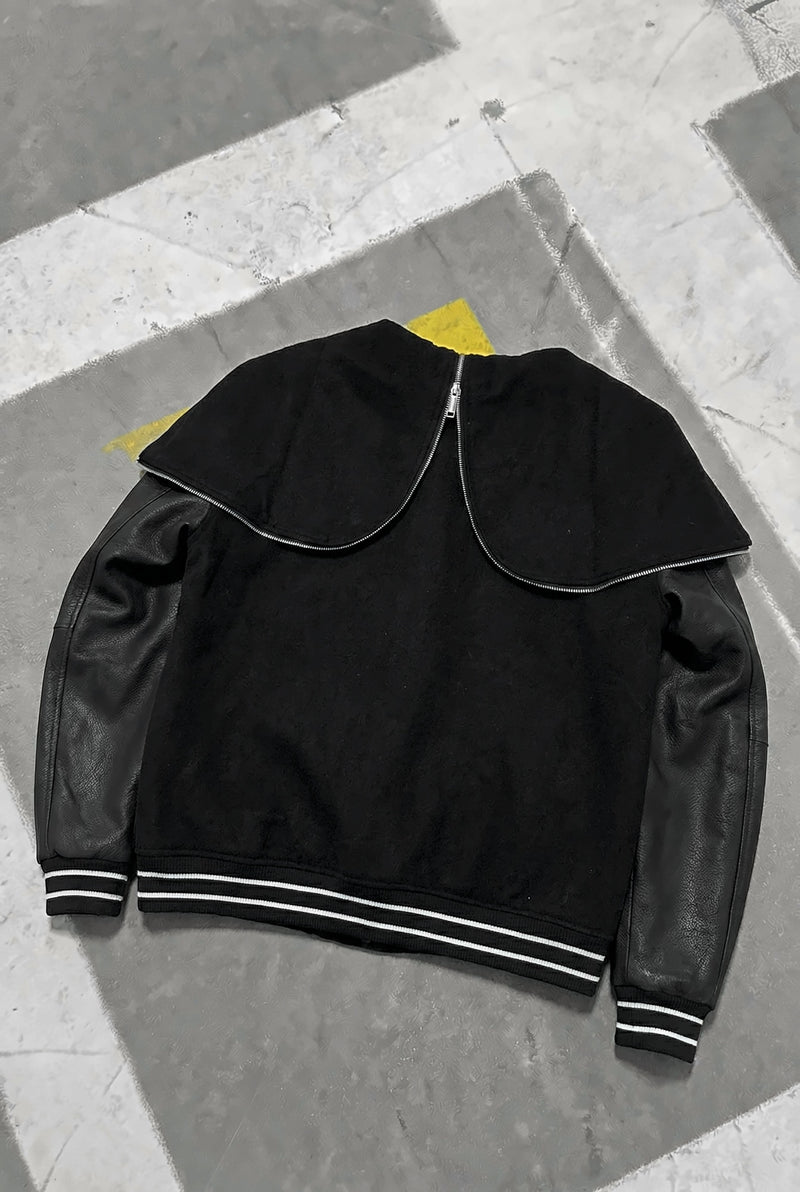 GIVENCHY Hooded Varsity Jacket in Wool and Leather – Black – back - hood unzipped as collar