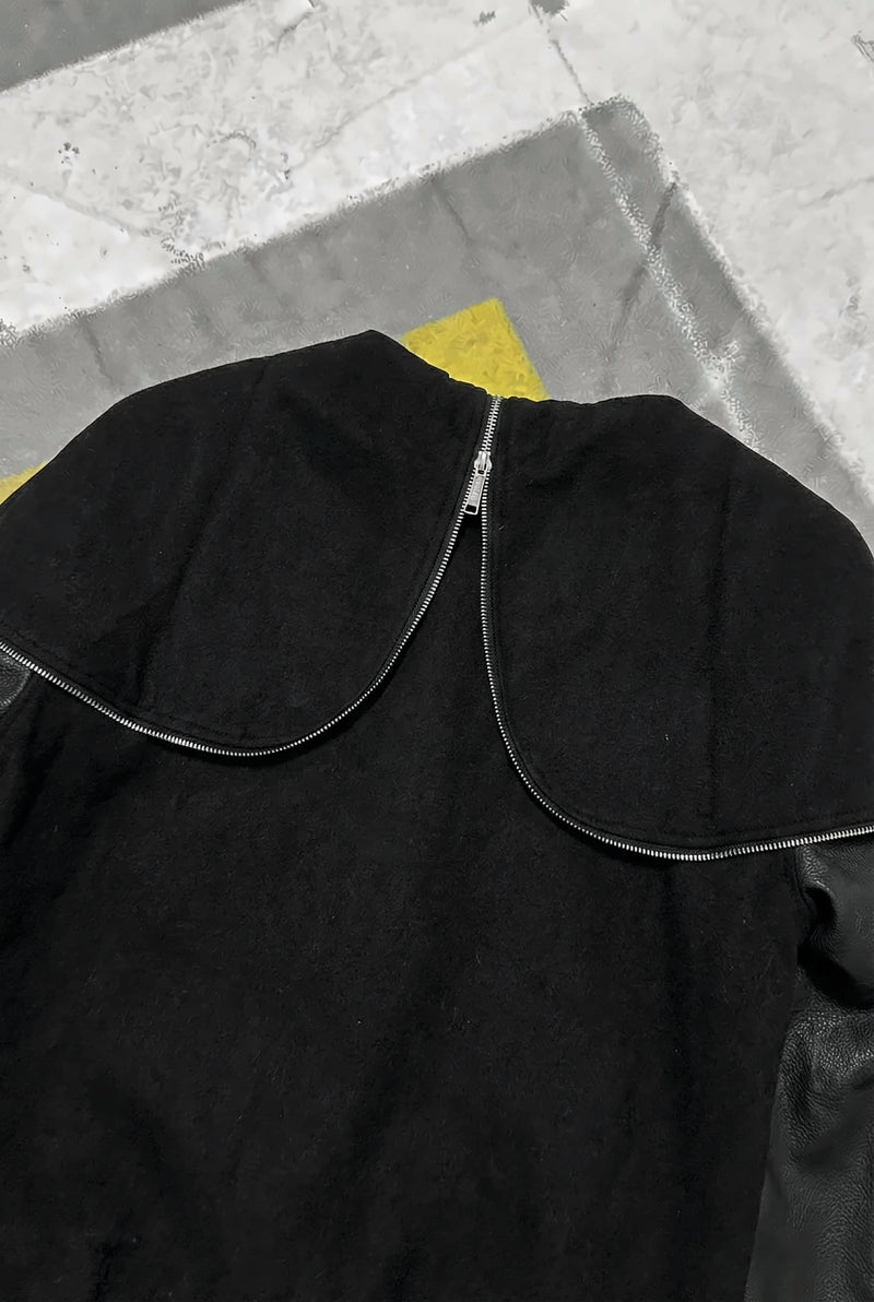 GIVENCHY Hooded Varsity Jacket in Wool and Leather – Black – hood zip collar close-up