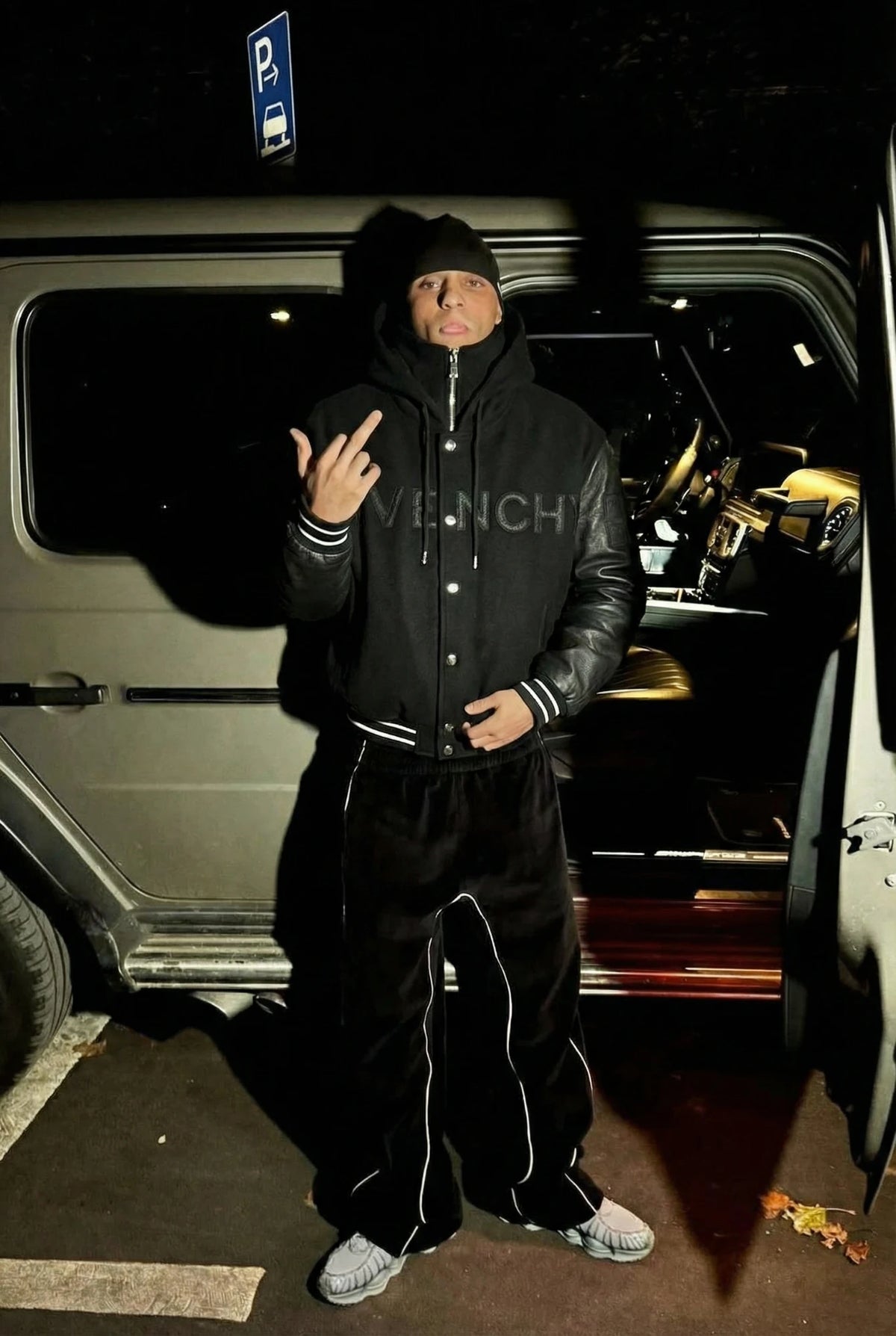GIVENCHY Hooded Varsity Jacket in Wool and Leather – Black – worn - street