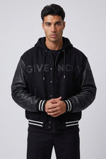 GIVENCHY Hooded Varsity Jacket in Wool and Leather – Black – worn - studio
