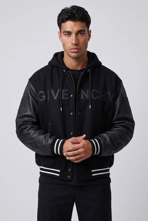 GIVENCHY Hooded Varsity Jacket in Wool and Leather – Black