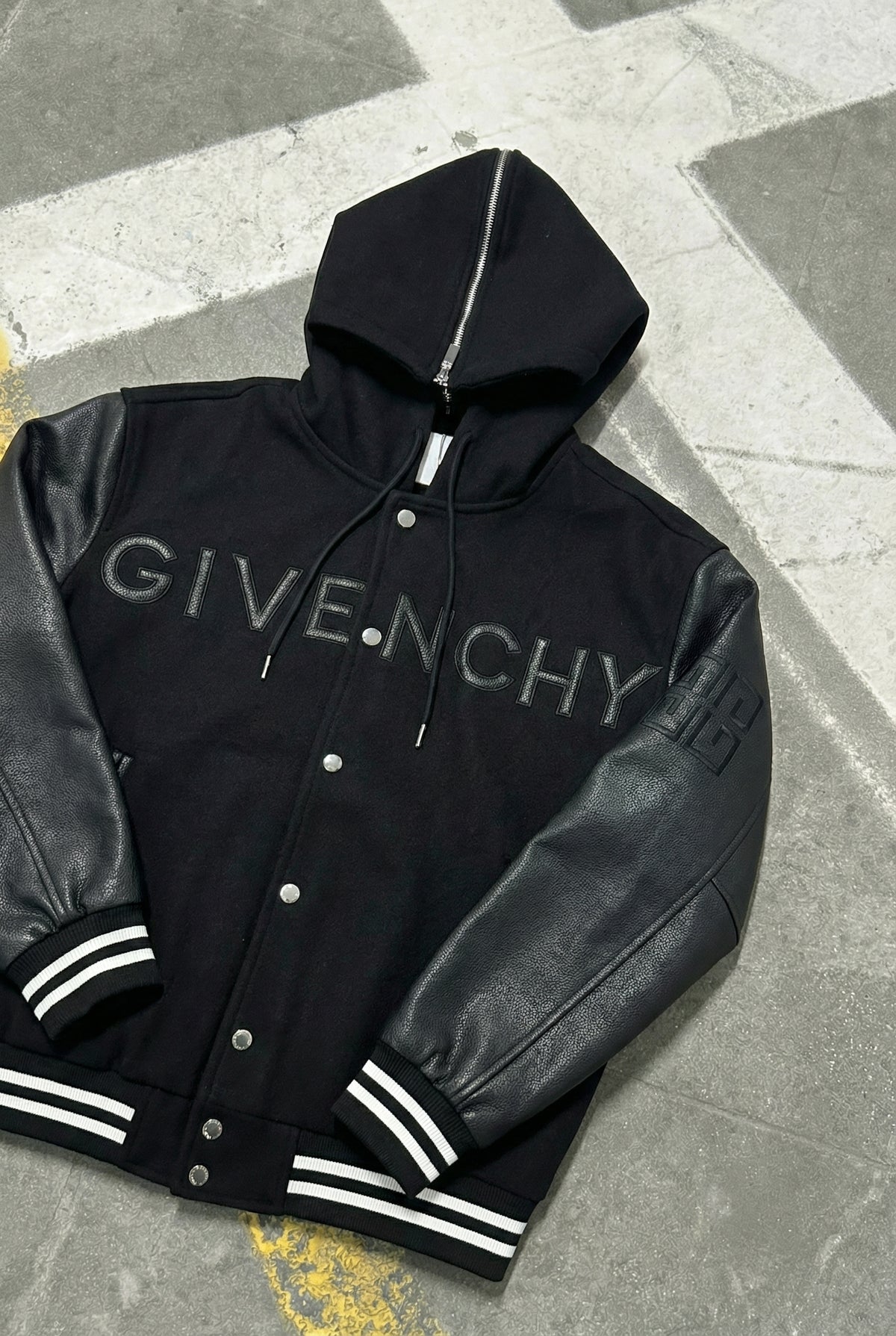 GIVENCHY HOODED VARSITY JACKET IN WOOL AND LEATHER